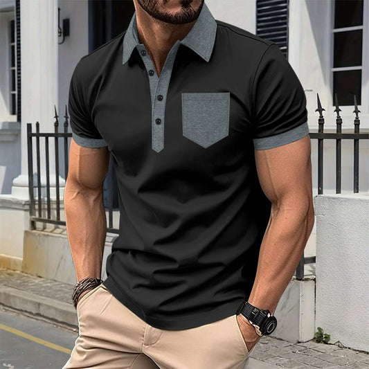 Men's Casual Polo Shirt: Chest Pocket, Collared With Buttons, Color-Block T-Shirt Top