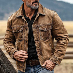 Men's Vintage Western Cowboy Multi-Pocket Distressed Lapel Outdoor Jacket