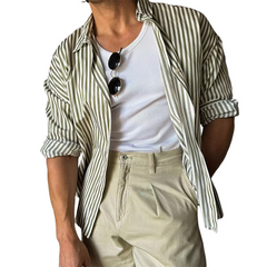 Men's Classic Casual Green Vertical Striped Long Sleeve Shirt 11300028U