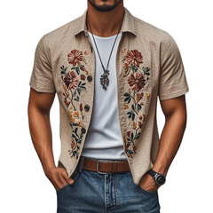 Men's Casual Linen Embroidered Lapel Single Breasted Short Sleeve Shirt MTA2771C3M