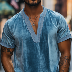 Men's Spring Fashion Deep V-neck Lace Stitching Velvet Short Sleeve T-shirt MTA2699C5K