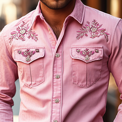 Men's American Retro Western Style Embroidered Long Sleeve Shirt 96546825K