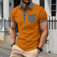 Men's Casual Polo Shirt: Chest Pocket, Collared With Buttons, Color-Block T-Shirt Top