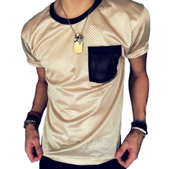 Men's Retro Casual Mesh Fabric Color Block Sports Round Neck Short Sleeve T-Shirt MTA2551C5TO
