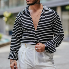 Men's Fashion Striped Lapel Long Sleeve Shirt MTA0138D3Z