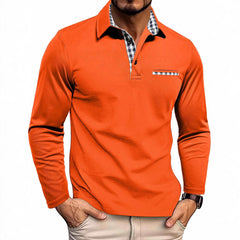 Men's Stylish Long Sleeve Polo Shirt with Plaid Collar Detail