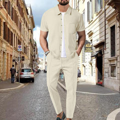 Men's Waffle Solid Color Short Sleeve Shirt And Pants Set 59383797X