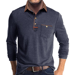 Men's Stylish Long Sleeve Polo Shirt with Contrast Collar and Chest Pocket