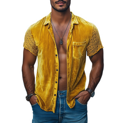 Men's Spring Fashion Personalized Lace Splicing Velvet Slim Fit Short Sleeve Shirt MTA2684C0K