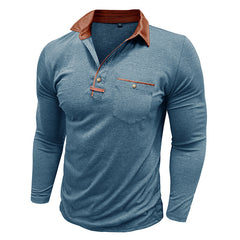Men's Stylish Long Sleeve Polo Shirt with Contrast Collar and Chest Pocket