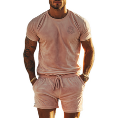 Men's Spring Fashion Casual Slim Embroidered Suede Short Sleeve T-shirt Shorts Set MTA3131C3K