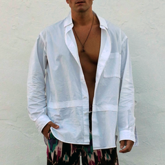 Men's Solid Lapel Chest Pocket Long Sleeve Shirt MTA0177D7Z