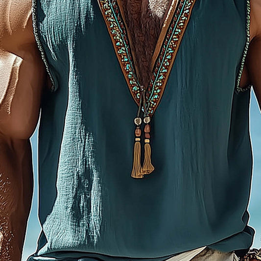 Men's Summer V-neck Vintage Embroidered Tank Top MTA0946D5U