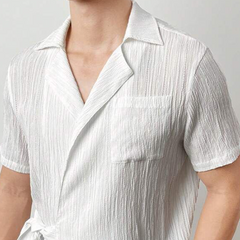 Men's Spring And Summer Fashion Casual Lapel Pleated Fabric Short Sleeve Shirt MTA0850D1K