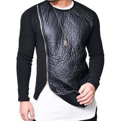 Men's Leather Stitching Zip-up Round Neck Long-sleeved T-shirt (Internal T-shirt Not Included) 12785925U