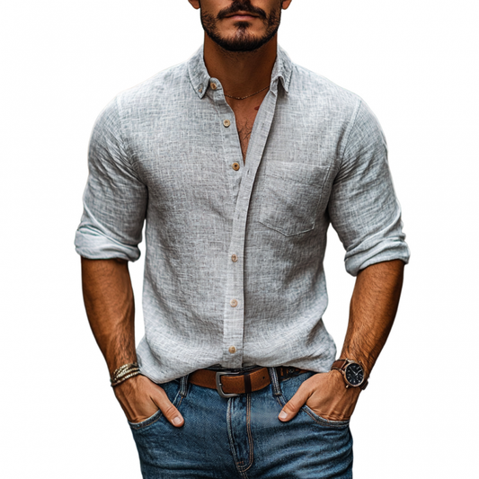 Men's Casual Linen Lapel Slim Fit Patch Pocket Long Sleeve Shirt MTA2110C6M