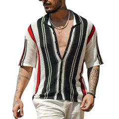 Men's Knit Striped Lapel Lapel Short Sleeve Polo Shirt MTA0156D2Z