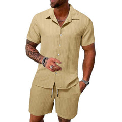 Men's Solid Color Striped Lapel Short Sleeve Shorts Casual Set 63428764X