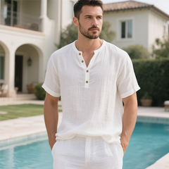Men's Short-Sleeve Linen Henley Shirt - Casual Style, Perfect for Beach & Surfing