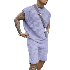 Men's Casual Round Neck Loose Tank Top Elastic Waist Shorts Knitted Set MTA2274C1M