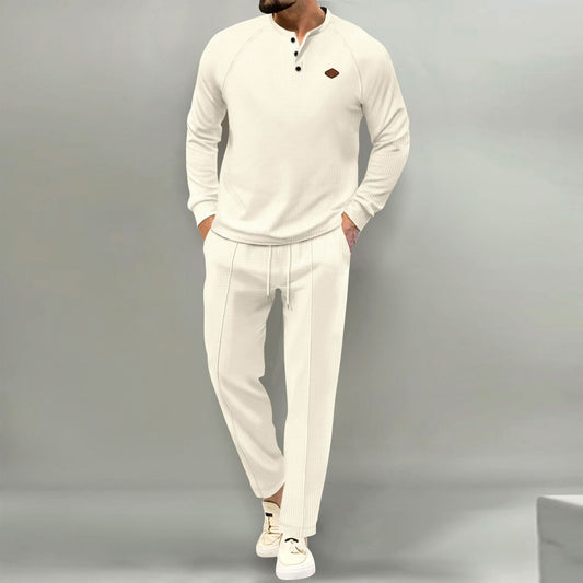 Men's Casual Henley Tracksuit Set - Perfect For Comfort And Style