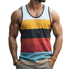 Men's Summer Fashion Casual Contrast Color Horizontal Stripe Printed Cotton Tank Top MTA2240C5K