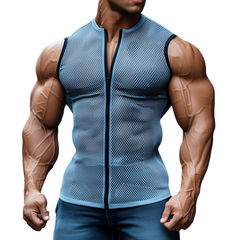 Men's Retro Casual Mesh Fabric Stretch Collarless Zipper Sports Tank Top MTA2593C5TO