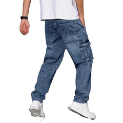 Men's Fashionable Cargo Denim Pants with Multi-Pockets and Casual Style