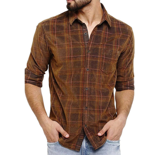 Men's Spring And Autumn Brown Plaid Casual Long Sleeve Shirt MTA1966C8U