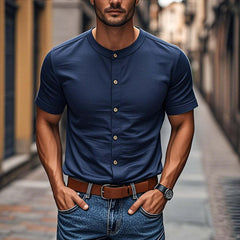 Men's Casual Cotton Round Neck Single Breasted Slim Fit Short Sleeve Shirt MTA3185C7M