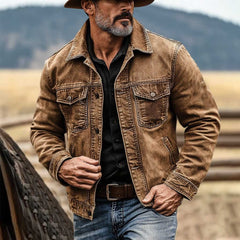 Men's Vintage Western Cowboy Multi-Pocket Distressed Lapel Outdoor Jacket