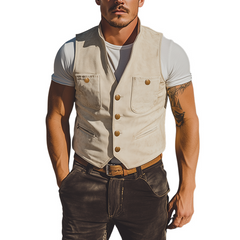 Men's Spring Fashion Retro Western Style Multi-Pocket Suede Vest MTA0240D3K