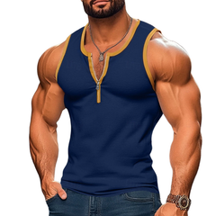 Men's Casual Color Block Cotton Patchwork Zipper Collar Slim Fit Tank Top MTA1817C7M