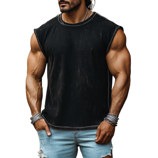 Men's Vintage Denim Heavy Wash Loose Round Neck Tank Top MTA1870C9M