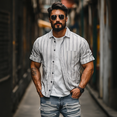 Men's Casual Cotton Linen Striped Lapel Single Breasted Loose Short Sleeve Shirt MTA2759C3M