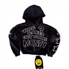Stylish "Who Cares Get Some Money" Graphic Hoodie with Starry Night Design