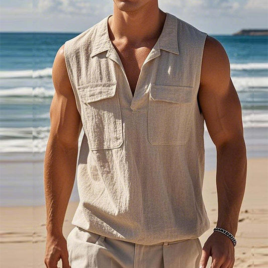 Men's Vintage Solid Color Linen Lapel Pocket Tank Top MTA3139C9TO