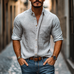 Men's Casual Linen Lapel Slim Fit Patch Pocket Long Sleeve Shirt MTA2110C6M