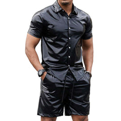 Men's Shiny PU Leather Plain Black Short Sleeve Set MTA2132C4U