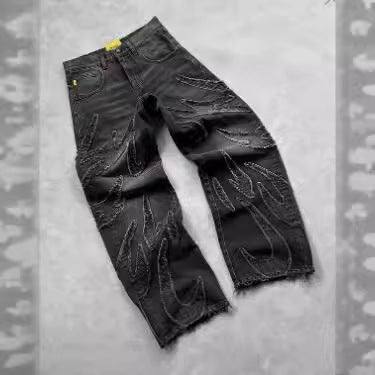 Unique Embroidered Denim Trousers with Artistic Design for Fashion Lovers