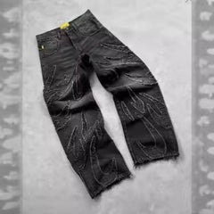 Unique Embroidered Denim Trousers with Artistic Design for Fashion Lovers