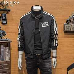 Stylish Men's Bomber Jacket with Striped Sleeves and Patch Design for Casual Wear