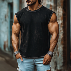 Men's Vintage Denim Heavy Wash Loose Round Neck Tank Top MTA1870C9M