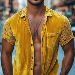 Men's Spring Fashion Personalized Lace Splicing Velvet Slim Fit Short Sleeve Shirt MTA2684C0K