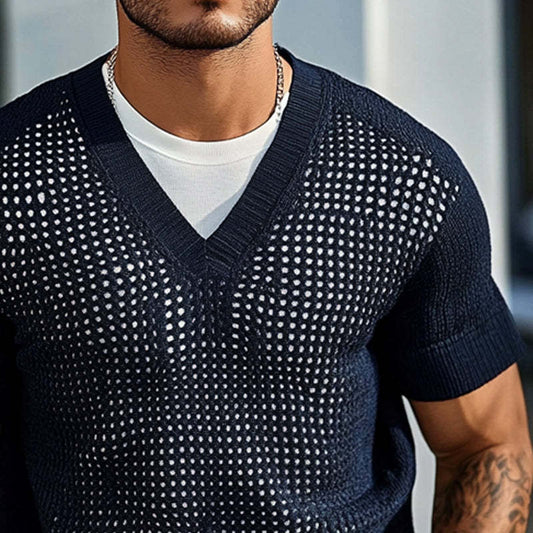 Men's Solid Color Knitted V-Neck Short Sleeve Sweater T-Shirt MTA1899C8X