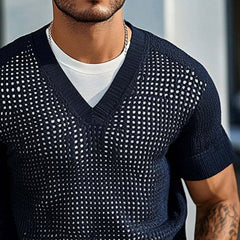 Men's Solid Color Knitted V-Neck Short Sleeve Sweater T-Shirt MTA1899C8X