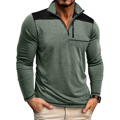 Men's Stylish Half-Zip Pullover Shirt with Contrast Panel Design for Casual Wear