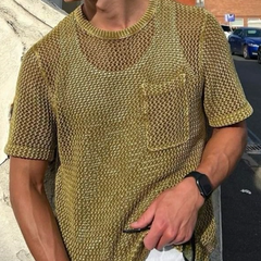 Men's Casual Round Neck Hollow Loose Knitted Short Sleeve Sweater T-Shirt (Tank Top Excluded) MTA0734D3M