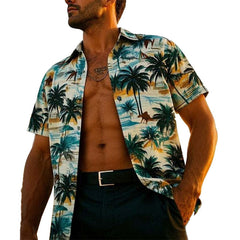 Men's Palm Tree Print V-Neck Short Sleeve Shirt MTA2048C9X