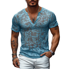 Men's Spring And Summer Fashion Casual V-neck Slim Lace Short Sleeve T-shirt MTA2501C7K